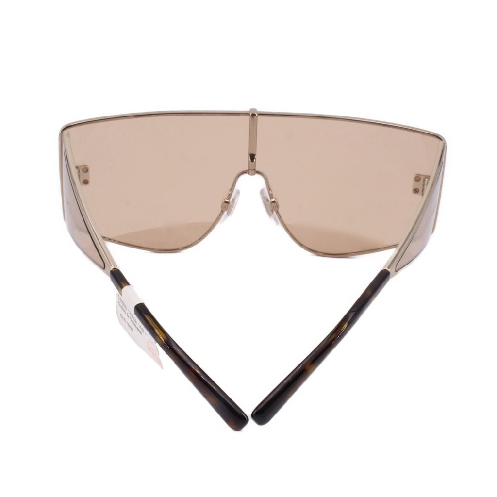 Shield sunglasses with brown tinted lenses and dark brown temples, low angle view