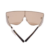 Shield sunglasses with brown tinted lenses and dark brown temples, low angle view