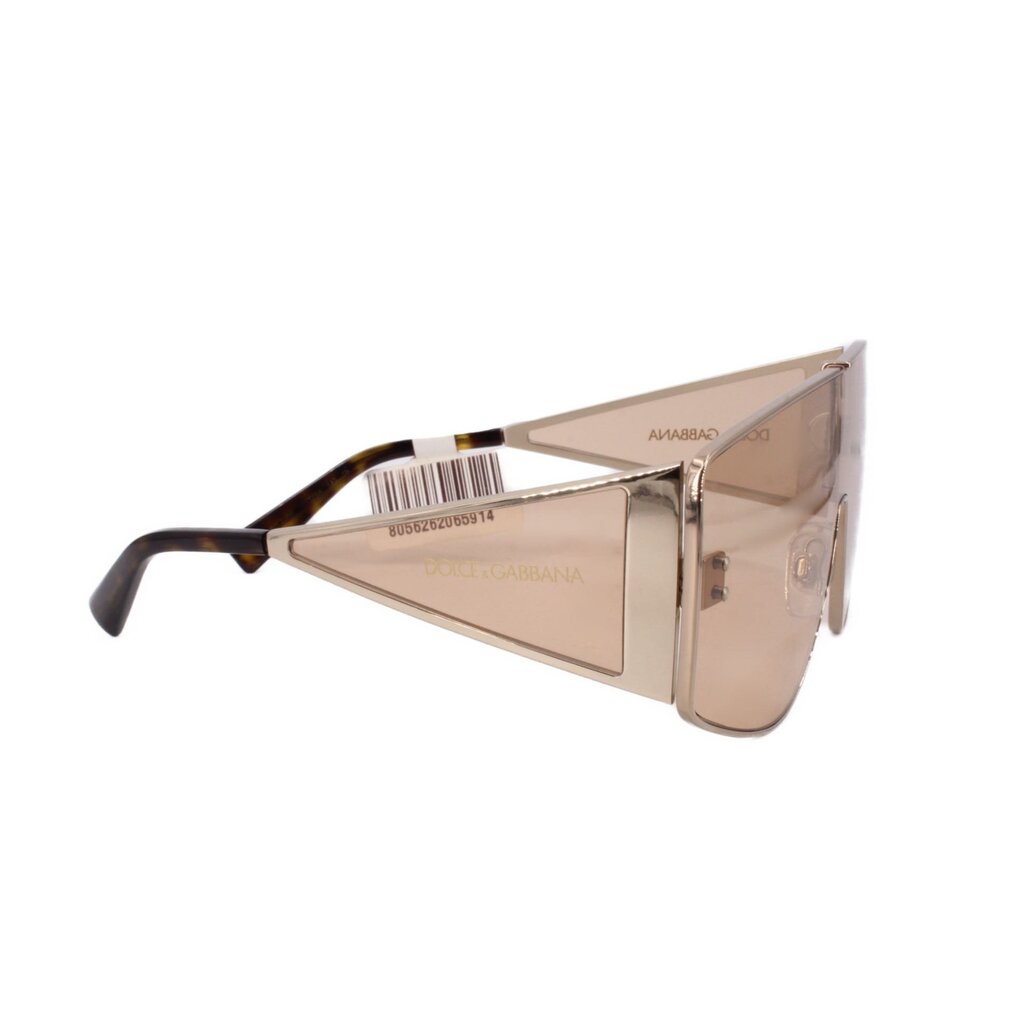 Shield sunglasses with dark brown frame and brown tinted lenses, side view