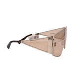 Shield sunglasses with dark brown frame and brown tinted lenses, side view