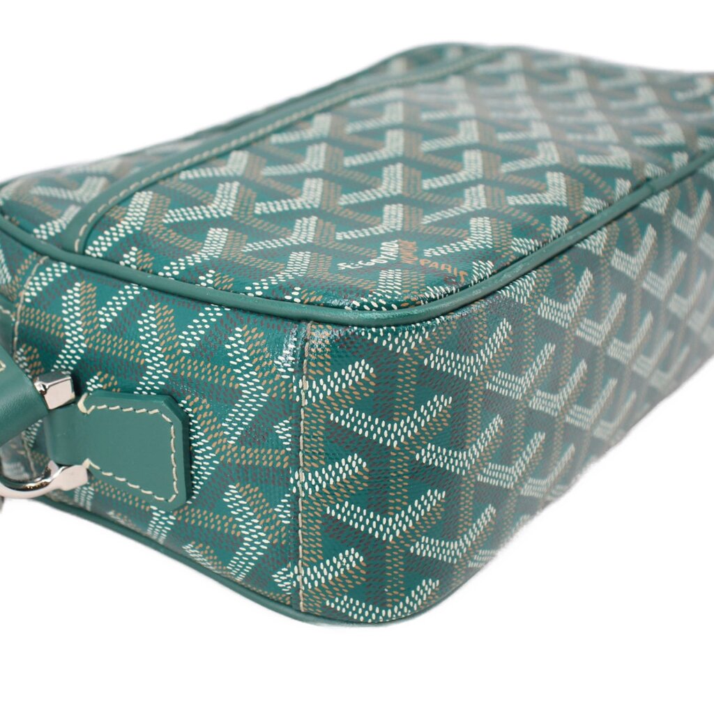 GOYARD green patterned crossbody bag corner detail with strap attachment and stitching
