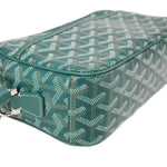 GOYARD green patterned crossbody bag corner detail with strap attachment and stitching