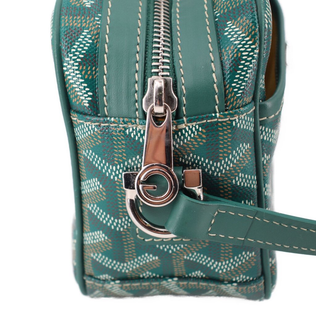 GOYARD green crossbody bag front clasp hardware with branded pattern and stitching