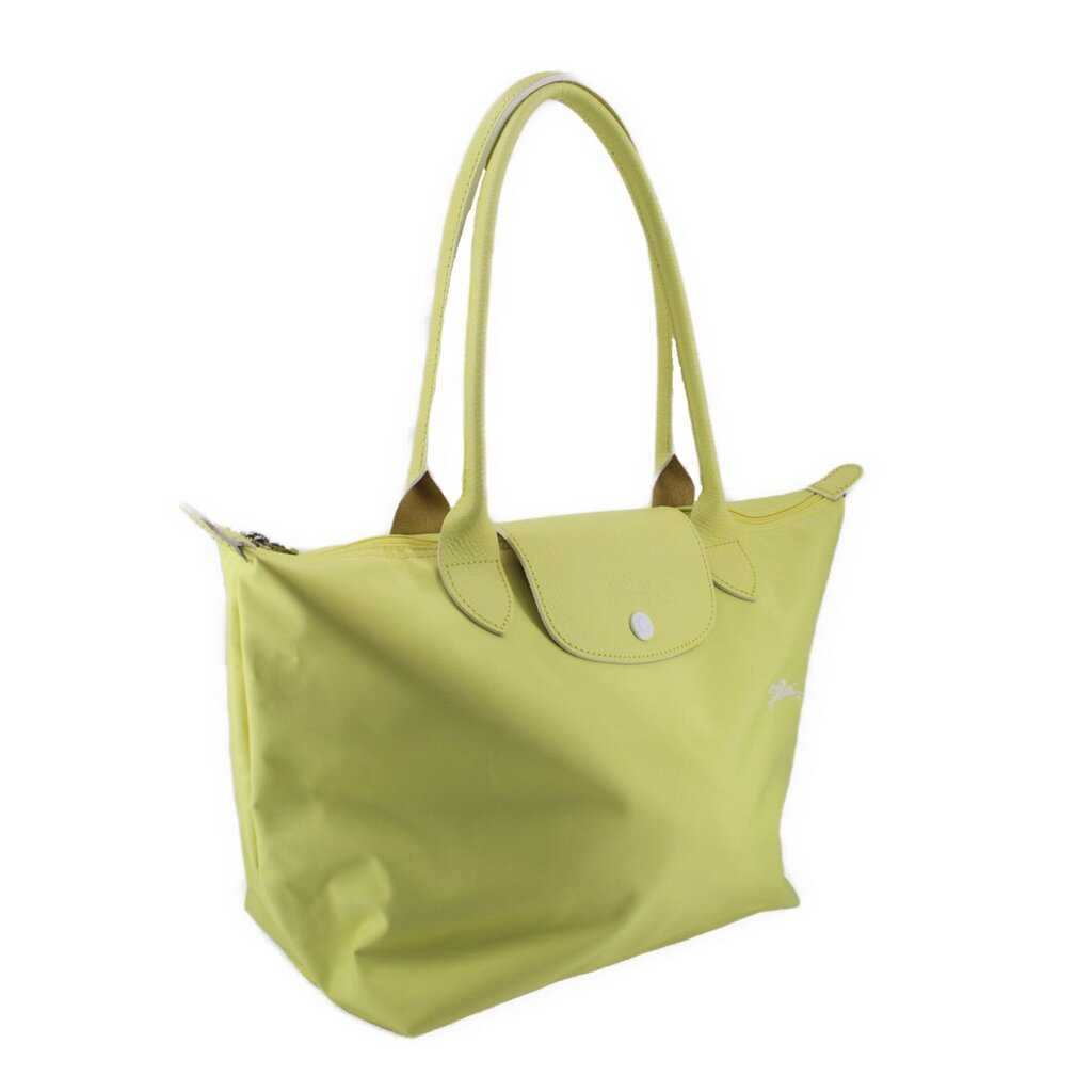 Chartreuse tote bag with short handles and front snap pocket, angled side view