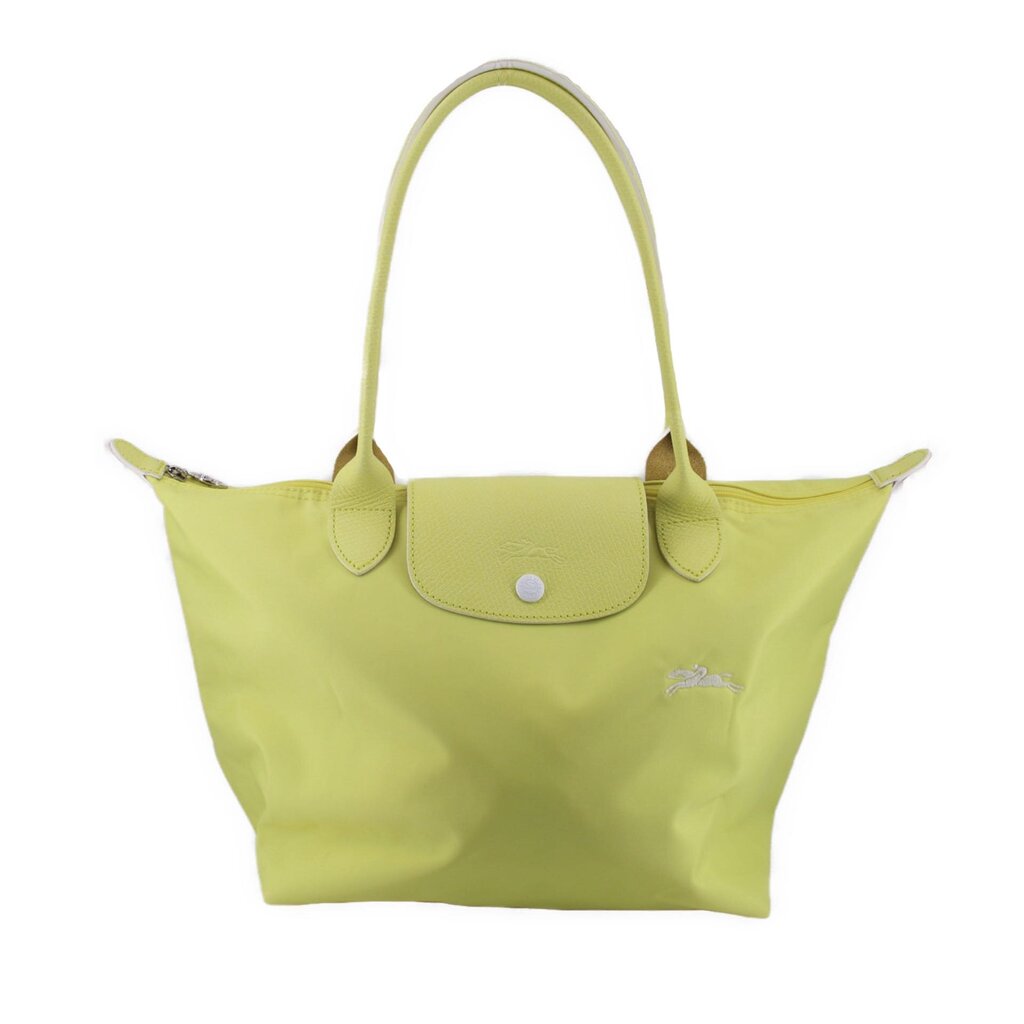 Chartreuse tote bag with short handles, front snap pocket, and zip-top opening