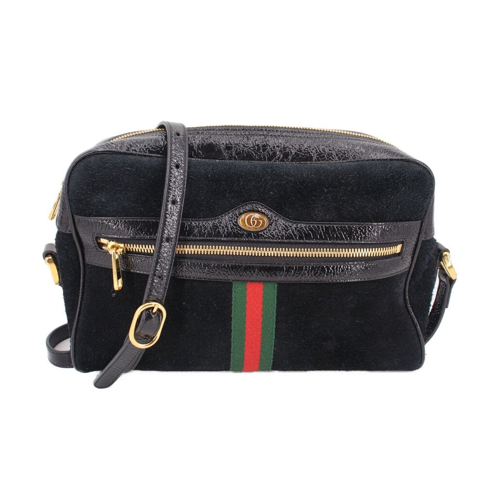 Black suede crossbody bag with green-red web stripe and gold zipper