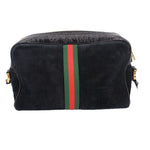Black suede crossbody bag with vertical green-red web stripe and gold zipper details