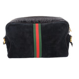 Black suede crossbody bag with vertical green-red web stripe and gold zipper details
