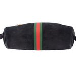 Black suede crossbody bag with centered green-red web stripe panel