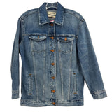 Blue denim jacket with button front and two chest flap pockets