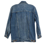 Blue denim jacket back view with yoke seams and buttoned hem