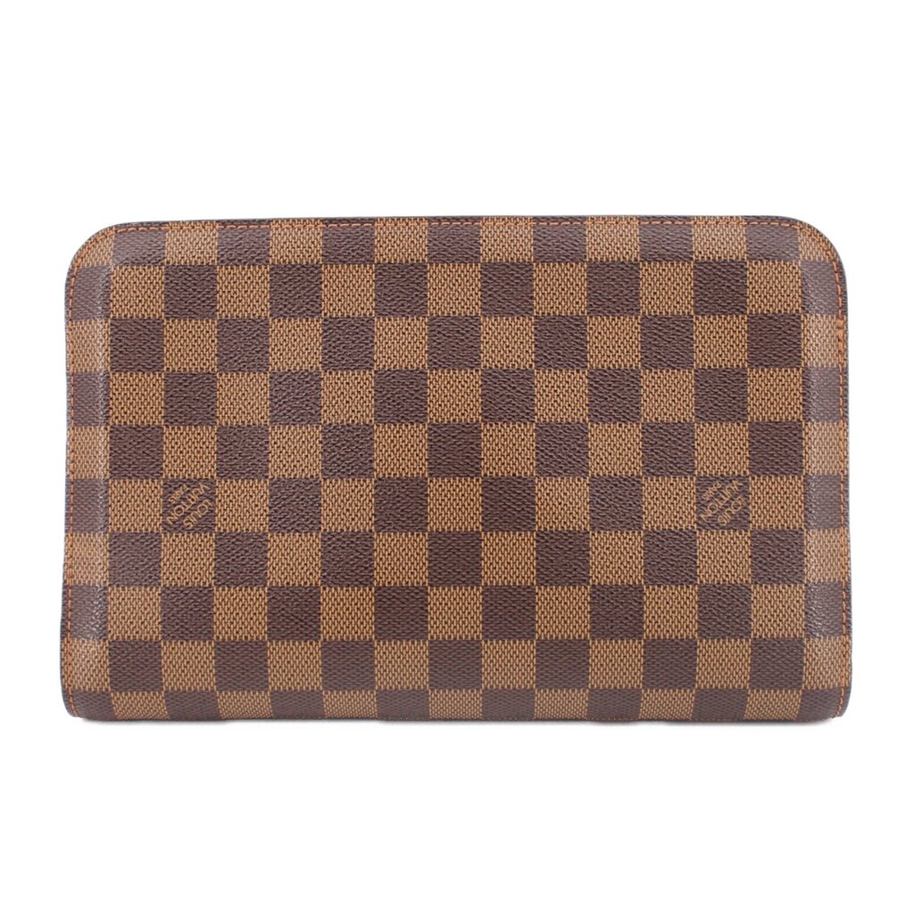 LOUIS VUITTON Damier Ebene clutch bag front view with checkered pattern and rounded corners