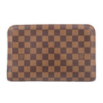 LOUIS VUITTON Damier Ebene clutch bag front view with checkered pattern and rounded corners