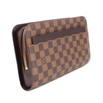 LOUIS VUITTON Damier Ebene clutch bag side view with gold-tone zipper and leather edging