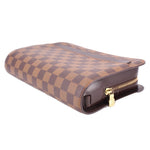LOUIS VUITTON Damier Ebene clutch bag corner detail with gold zipper and dark leather edge