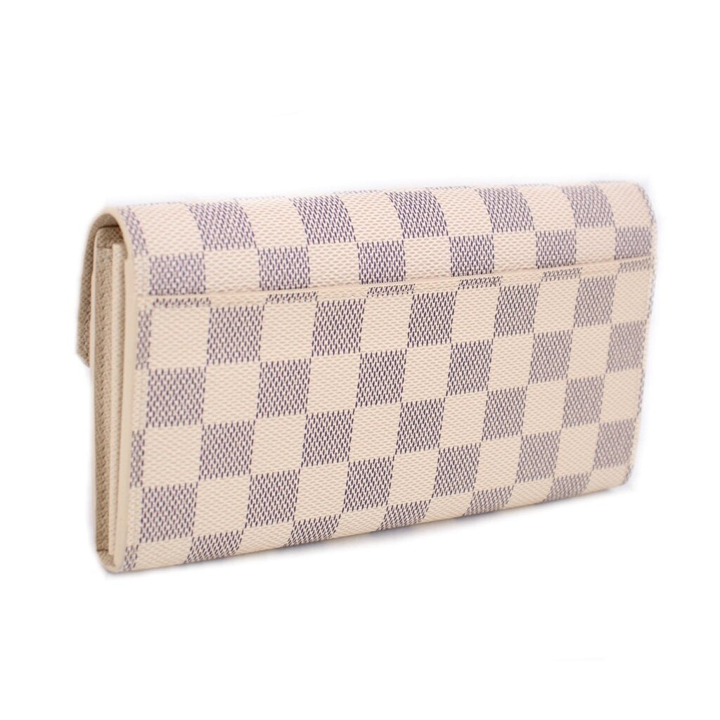 Damier Azur checkered wallet, angled side view with fold-over flap