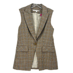 Brown plaid sleeveless vest with notch lapels, button front, and flap pockets
