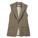 Brown plaid sleeveless vest with notch lapels, button front, and flap pockets