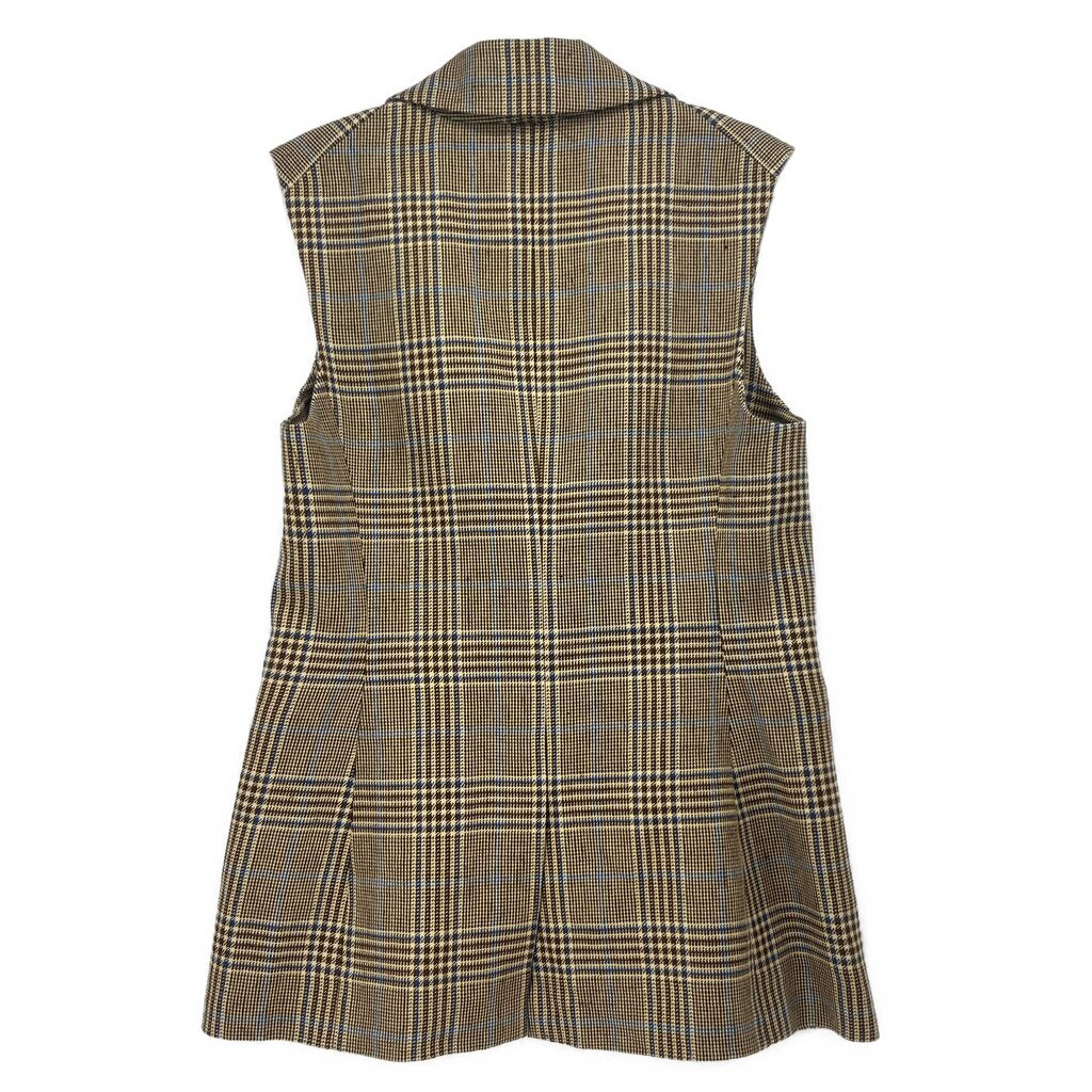 Brown plaid sleeveless vest back view with vertical seams and patch pocket