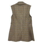 Brown plaid sleeveless vest back view with vertical seams and patch pocket