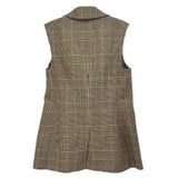 Brown plaid sleeveless vest back view with vertical seams and patch pocket