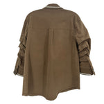 Back view of embellished olive-brown jacket with silver-trimmed cuffs and yoke