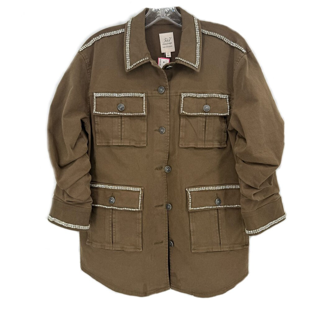 Embellished jacket in olive-brown with silver trim, button-front and chest pockets
