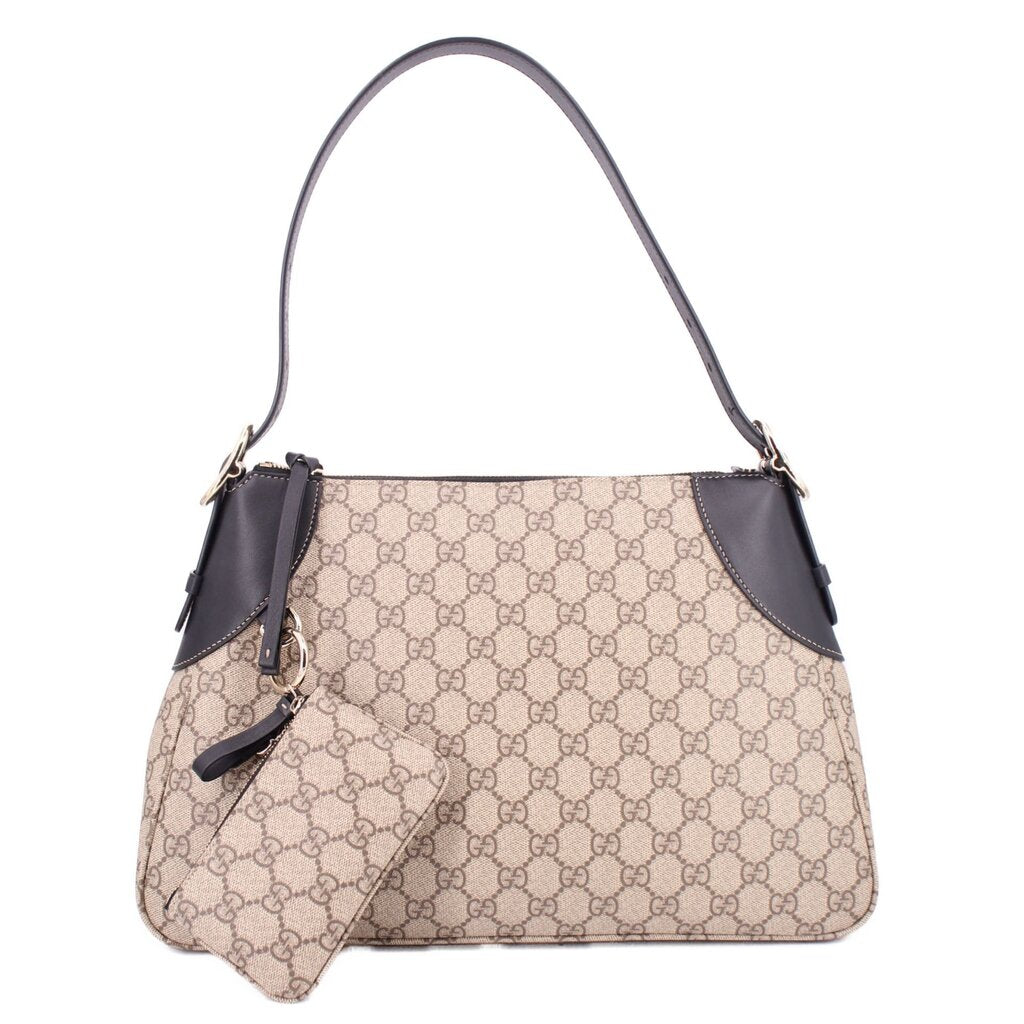 Large shoulder bag with GG monogram canvas, brown-beige with dark trim and top handle