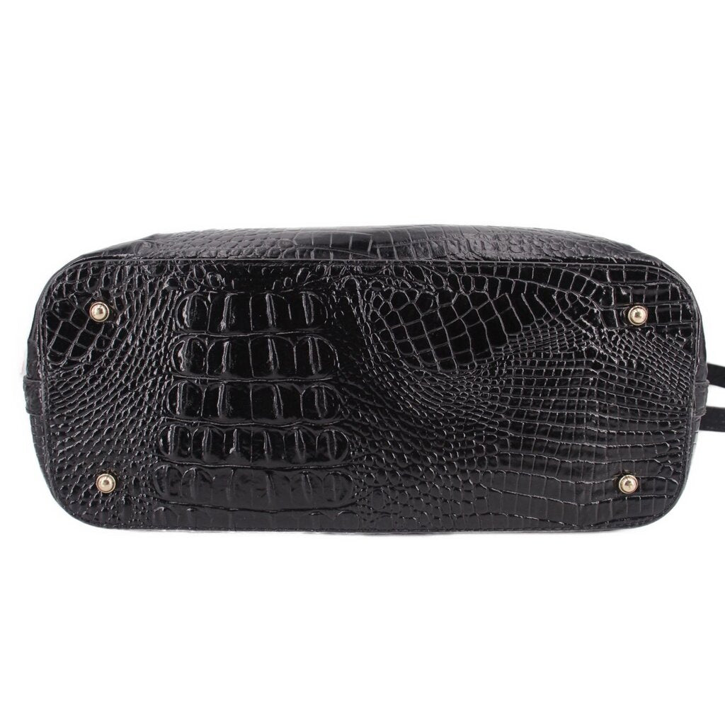 Brahmin Asher medium tote bag bottom view, black croc-embossed leather with feet