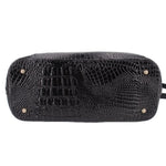 Brahmin Asher medium tote bag bottom view, black croc-embossed leather with feet