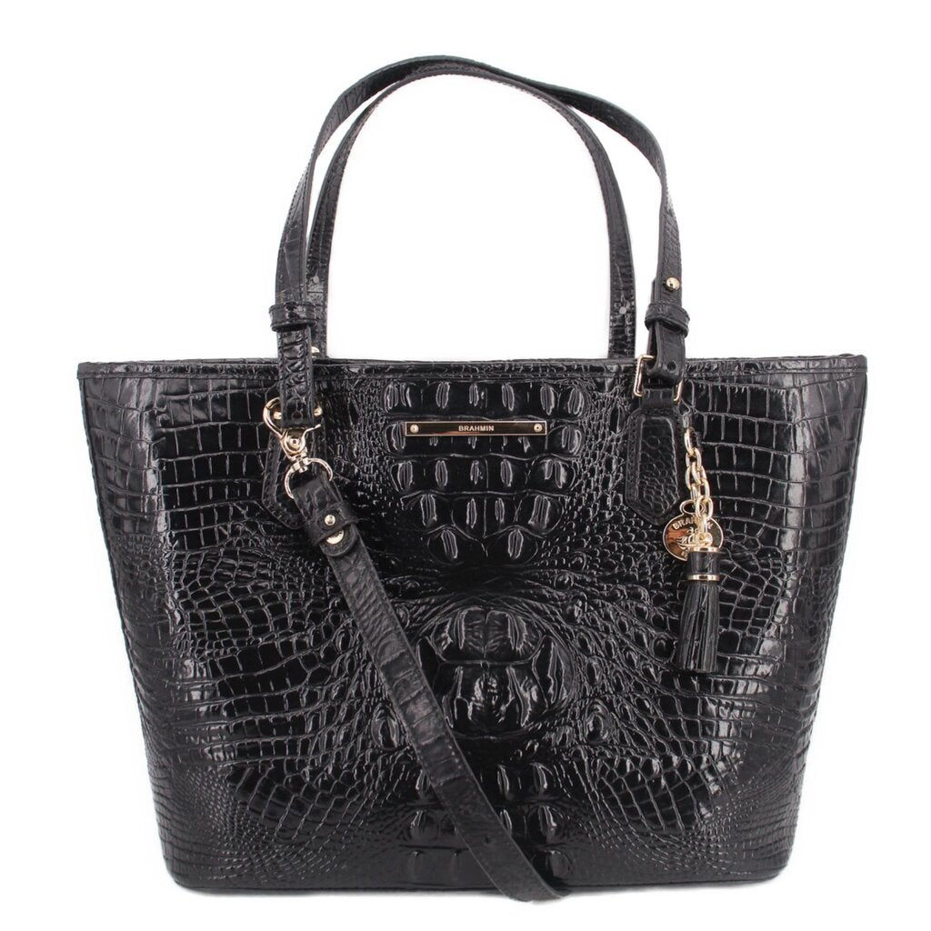 Brahmin Asher medium tote bag, black croc-embossed leather, dual handles