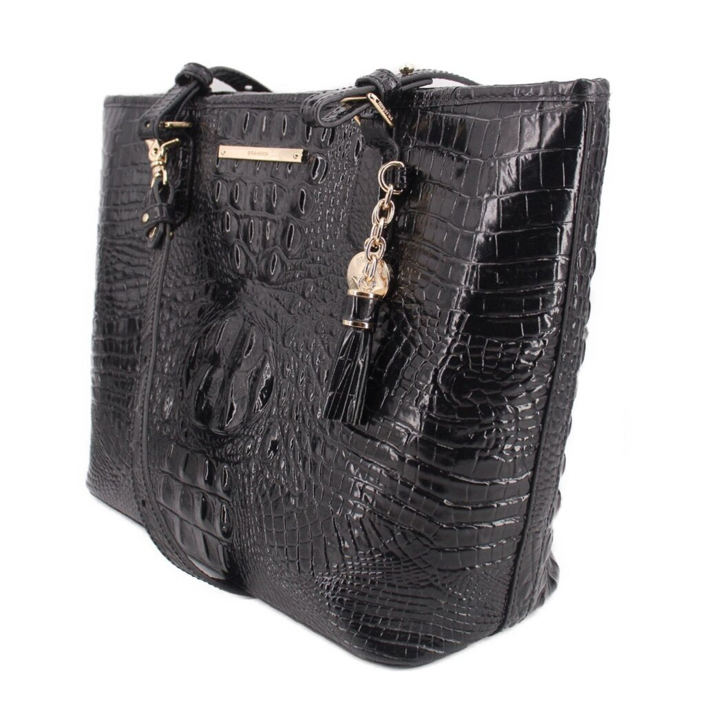 Brahmin Asher medium tote bag, black croc-embossed leather, charm chain zip pull