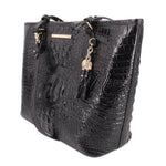 Brahmin Asher medium tote bag, black croc-embossed leather, charm chain zip pull