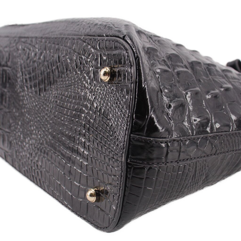 Brahmin Asher medium tote bag close-up, black croc-embossed leather front corner snap