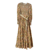 Pink paisley long-sleeve dress with gathered waist and self-belt tie detail