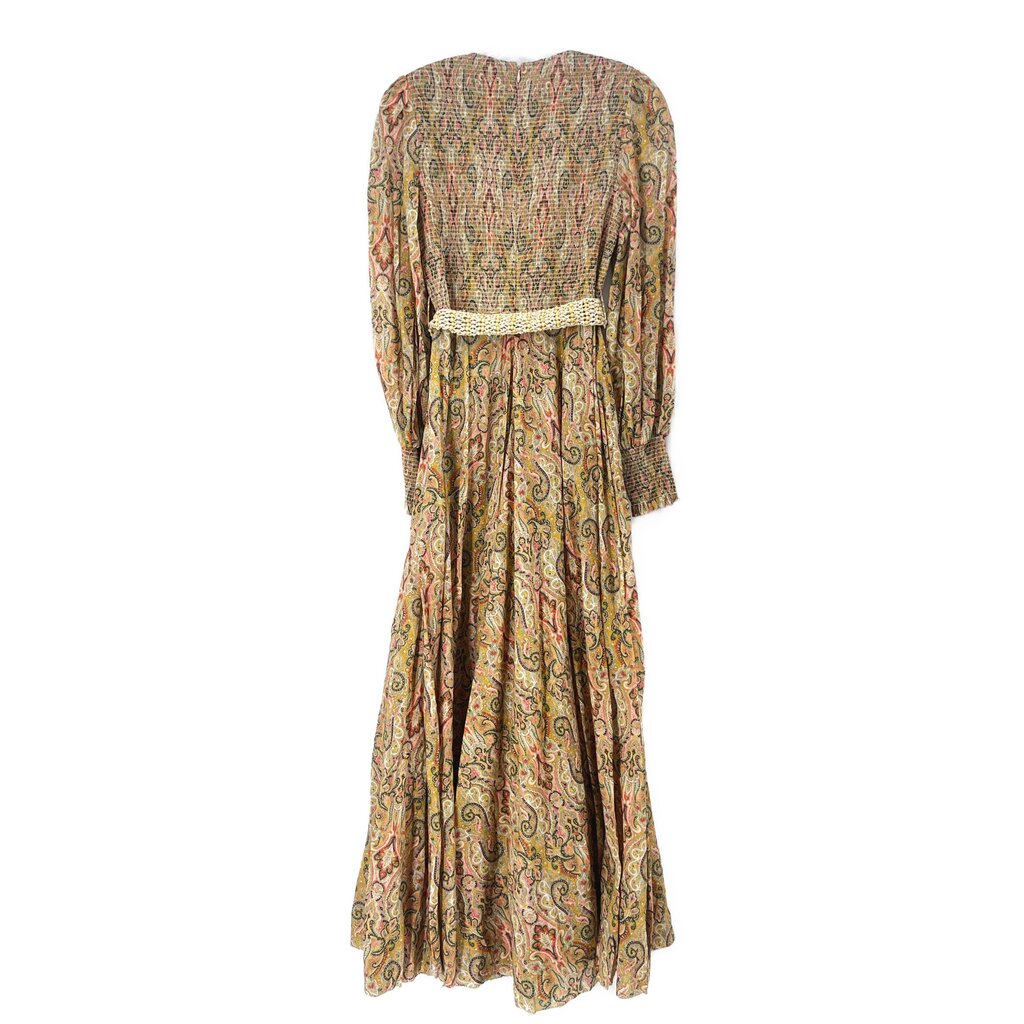 Pink paisley long-sleeve back view dress with gathered waist and self-belt tie detail
