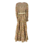 Pink paisley long-sleeve back view dress with gathered waist and self-belt tie detail