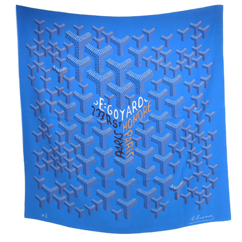 Blue silk scarf with geometric Goyardine pattern and multicolor logo print