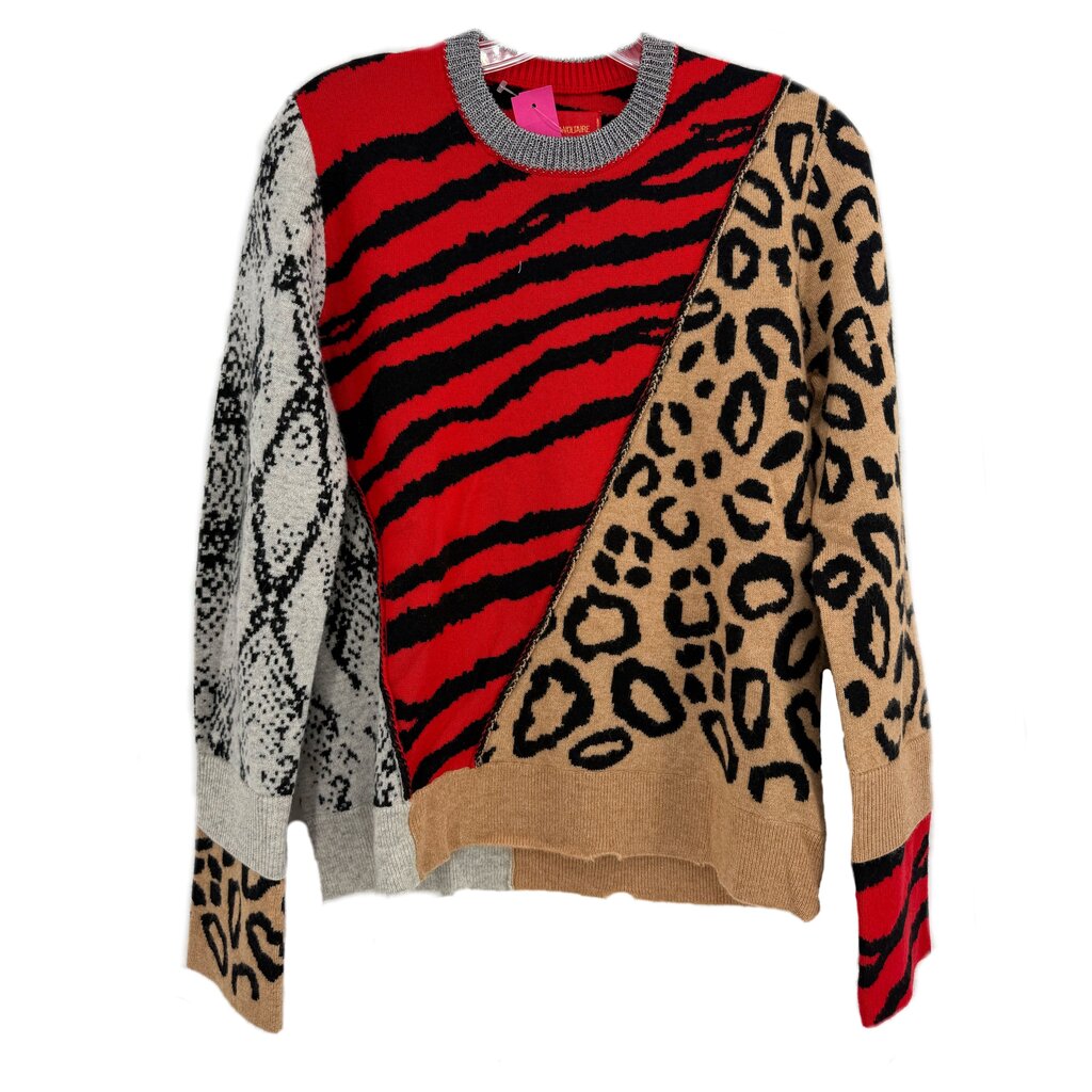 Multicolor crewneck print sweater with red zebra stripes, leopard and snake-like panels