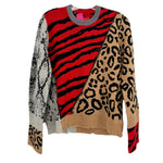 Multicolor crewneck print sweater with red zebra stripes, leopard and snake-like panels