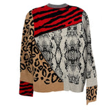 Multicolor crewneck print sweater with zebra stripes, leopard, and gray snake-skin back panel