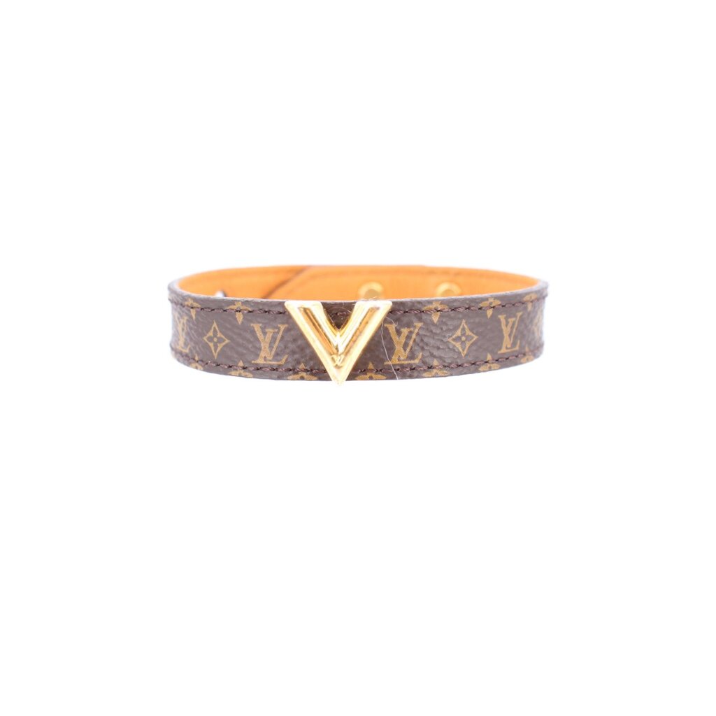 Monogram V leather bracelet with brown pattern and gold V clasp, orange lining