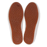 White sneakers with textured brown rubber outsoles and flat tread
