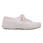 White canvas low-top sneakers, side view with lace-up closure and rubber sole.
