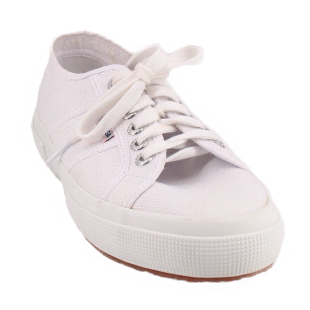 White canvas low-top sneakers with lace-up front and rubber sole