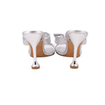 Metallic silver open-toe mules with ankle straps and tall stiletto heels, back view.