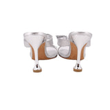 Metallic silver open-toe mules with ankle straps and tall stiletto heels, back view.