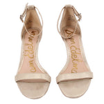 Gold heeled sandals, open-toe upper with ankle strap and cross-strap detail