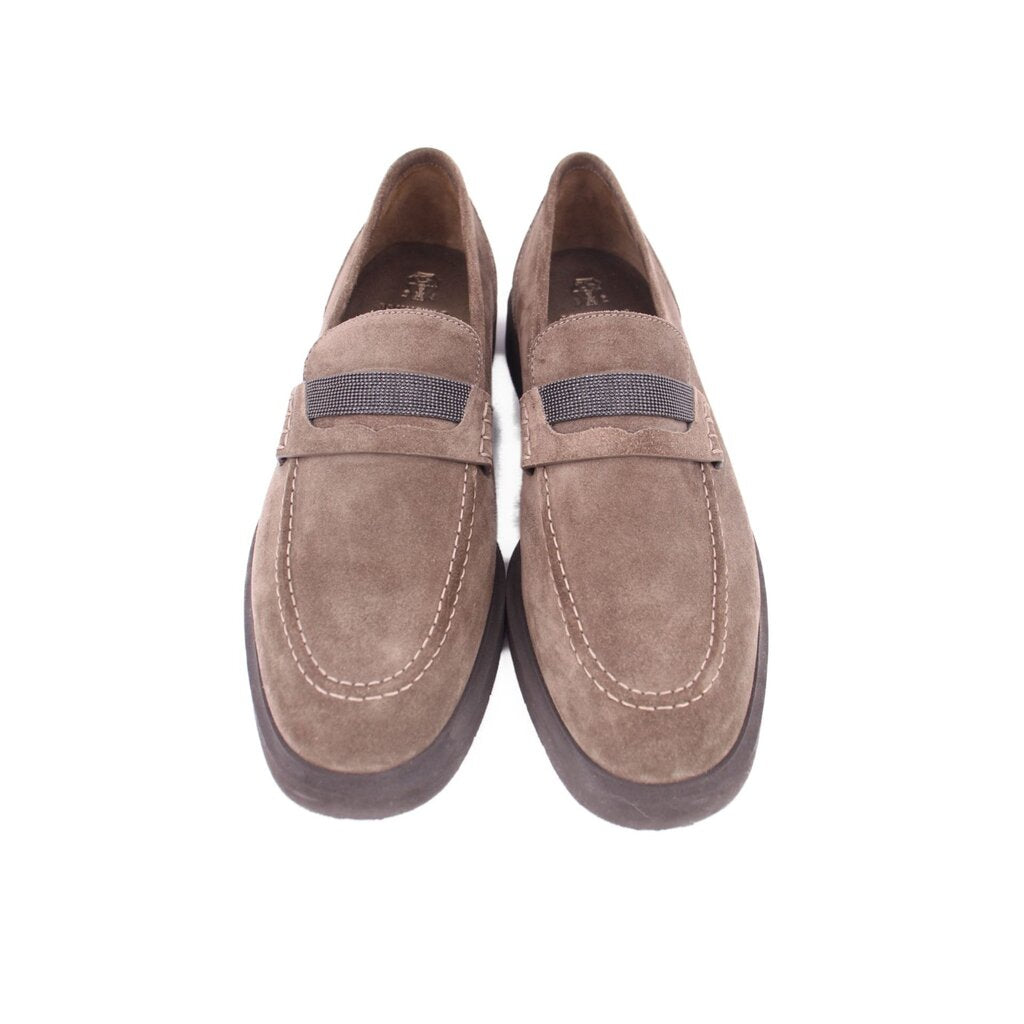 Pair of taupe suede loafers with square buckle strap and stitched vamp