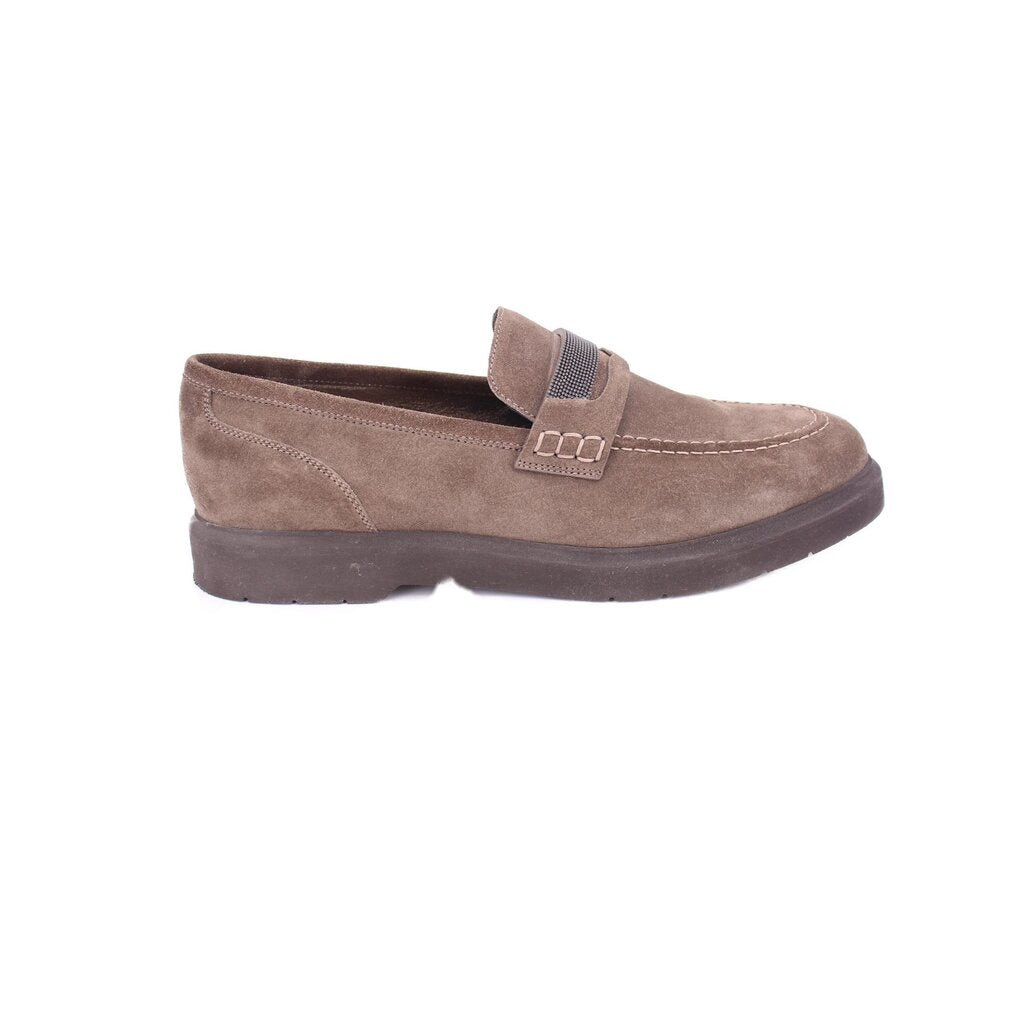 Taupe suede loafer with elastic side goring panel and square buckle detail
